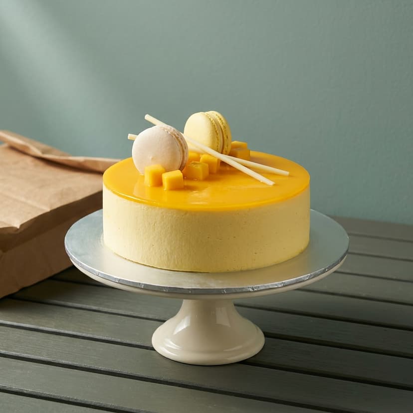 Mango mousse cake with macarons